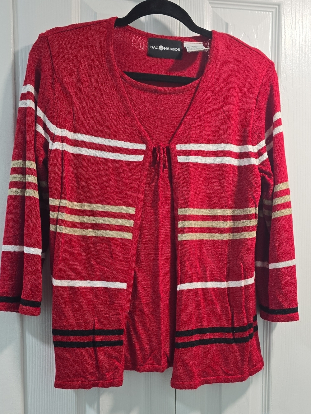 Sag Harbor Red Striped Tie-Front Sweater